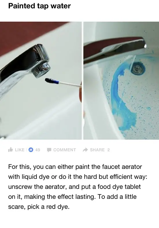 cotton bud dipped in ink to paint faucet blue to make colored water prank