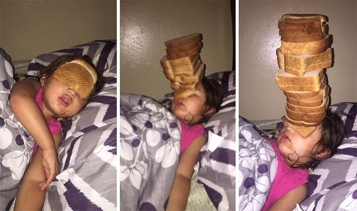 sibling pranks bread stack on head