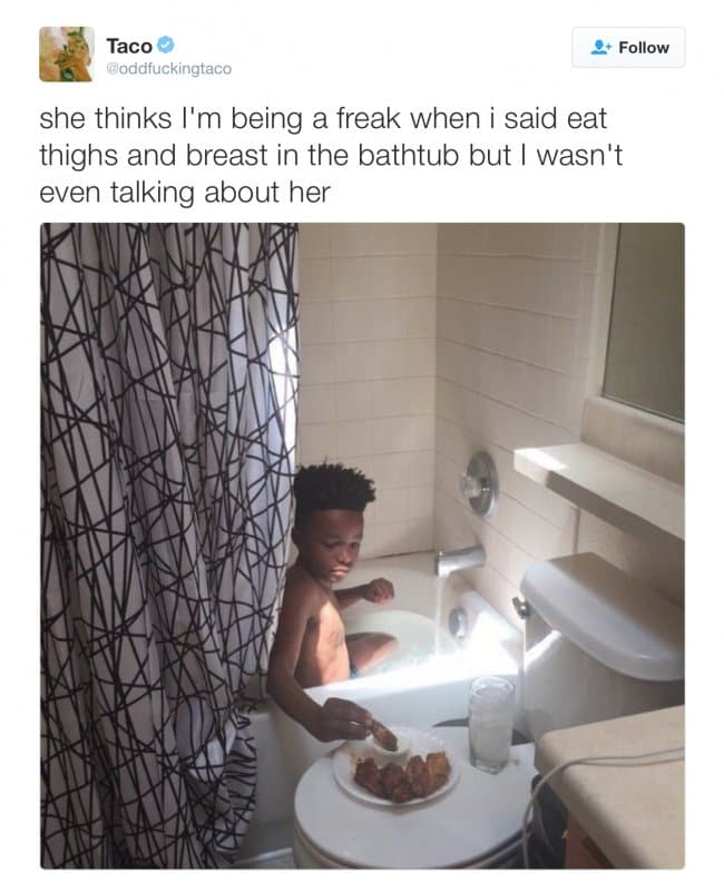 child eating chicken in bath