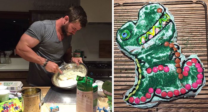 chris hemsworth best dad making a cake