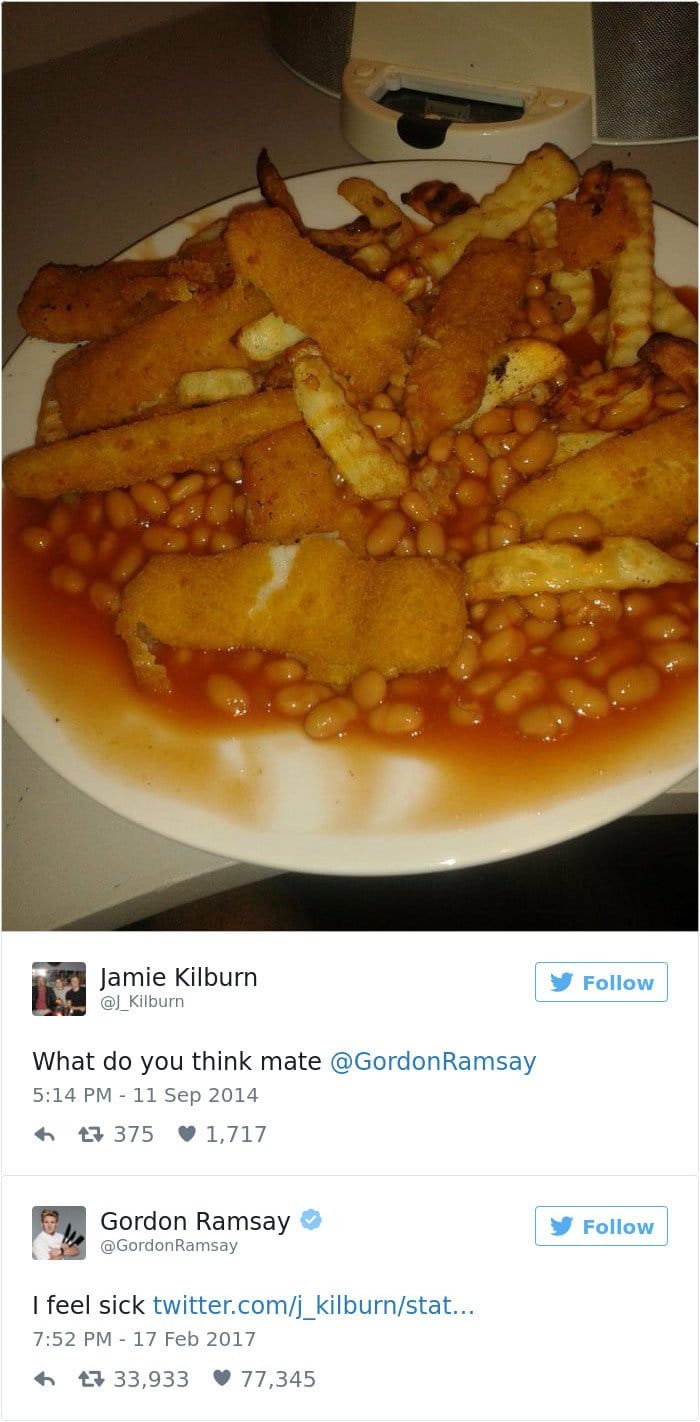fish fingers chips and beans mixed together on a plate