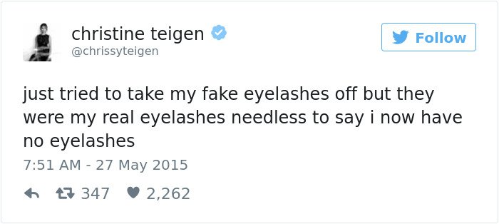 Chrissy Teigen Tweets fake eyelashes