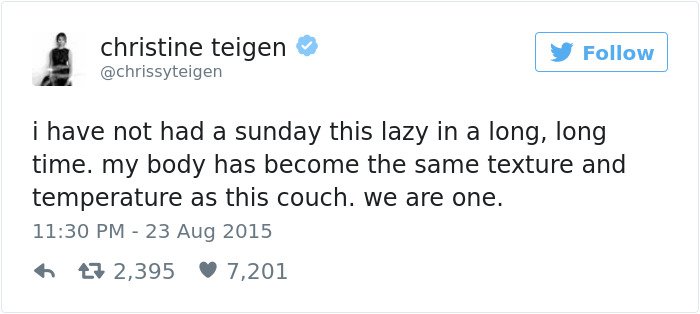 Chrissy Teigen Tweets lazy sunday