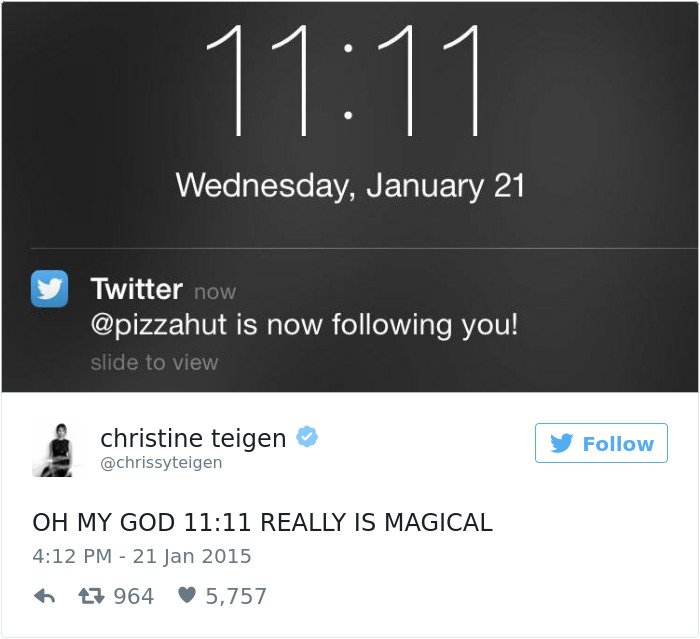 Chrissy Teigen Tweets pizza hut following you