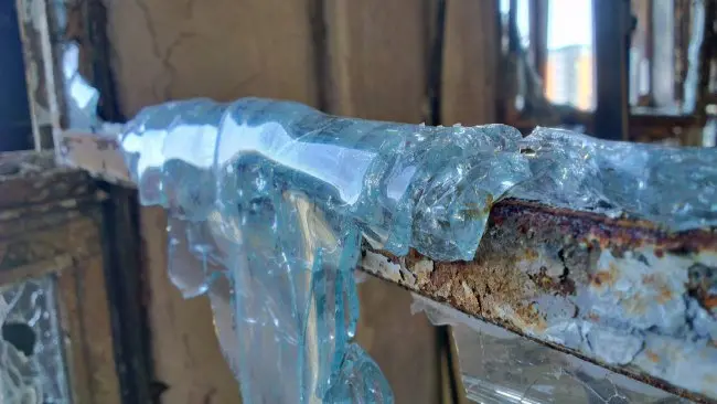 melted glass in a fire damaged building