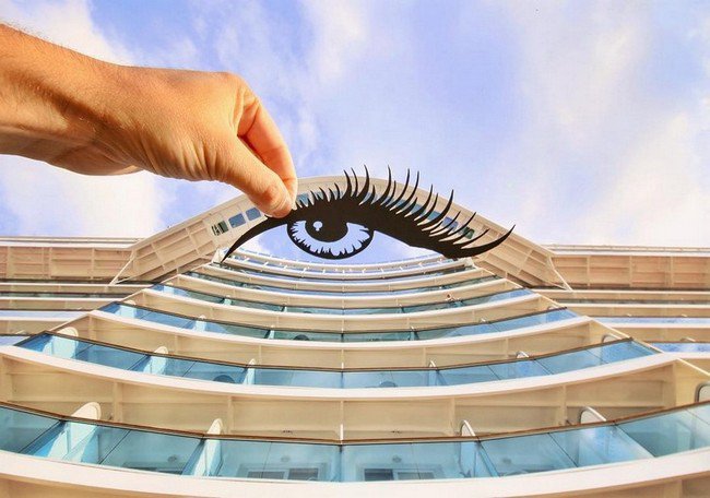 rich mccor paper cutout art eye building