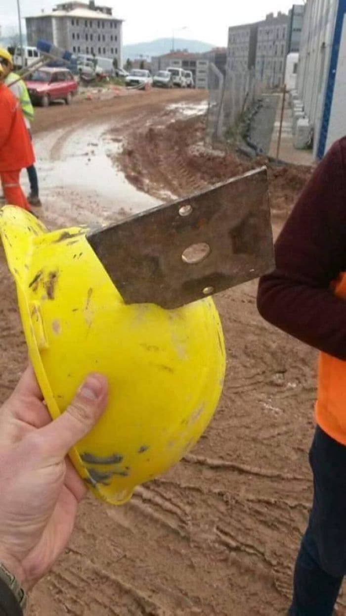 damaged builders helmet