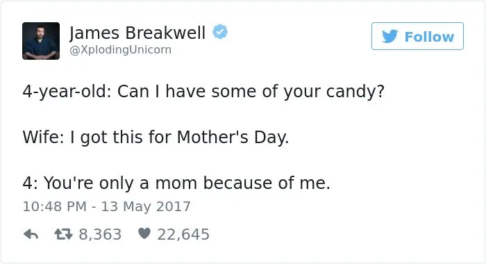 funny kid tweets youre only a mother because of me