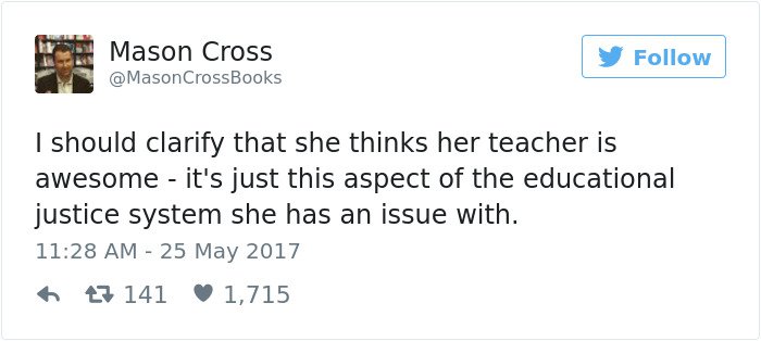 mason cross daughter school feedback tweet