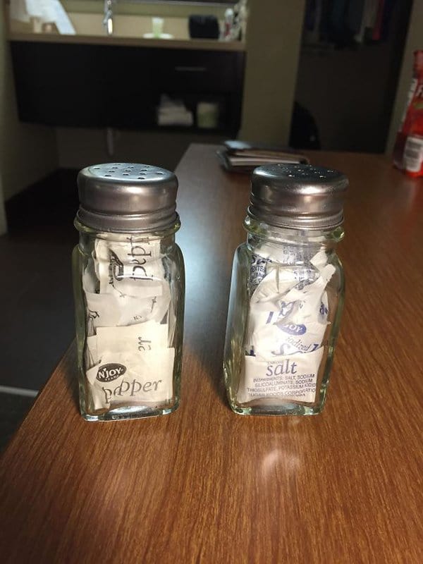 Bar And Restaurant Fails salt and pepper sachets in shakerr