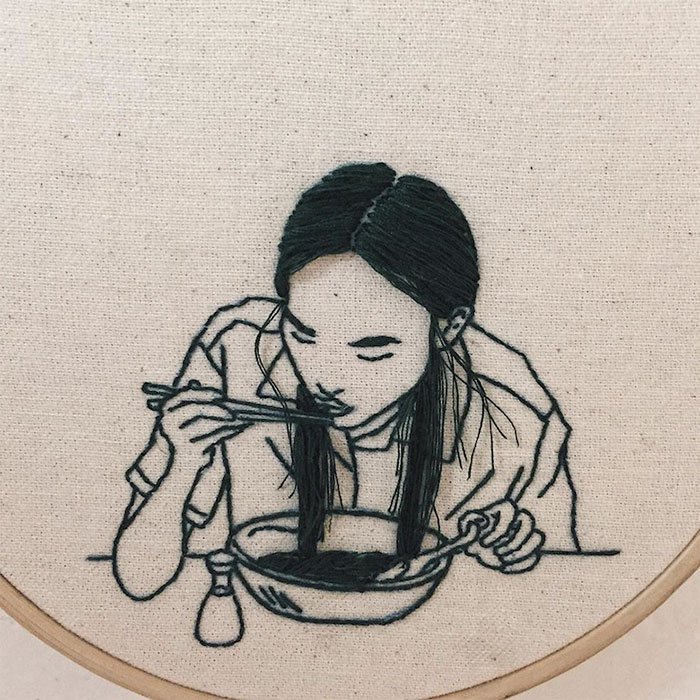 Sheena Liam 3D Embroidery woman eating