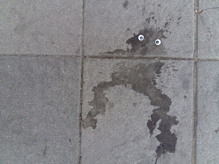 googly eyes on broken things splatter on floor
