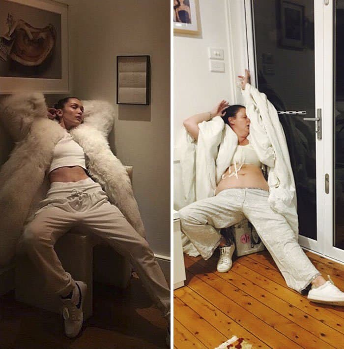 Comedienne Hilariously Recreates Celebrity Instagram Photos bella hadid