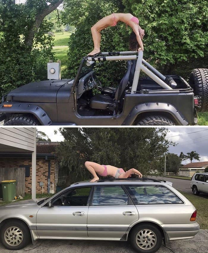 Comedienne Hilariously Recreates Celebrity Instagram Photos crab on car