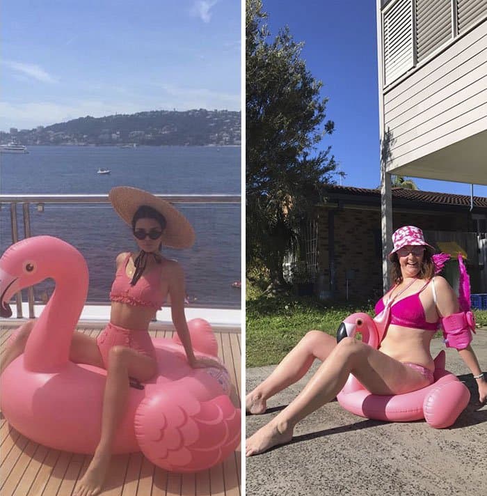 Comedienne Hilariously Recreates Celebrity Instagram Photos flamingo inflatable