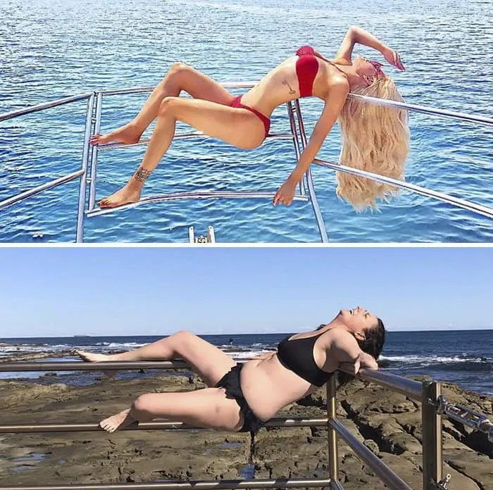 Comedienne Hilariously Recreates Celebrity Instagram Photos hanging off rail
