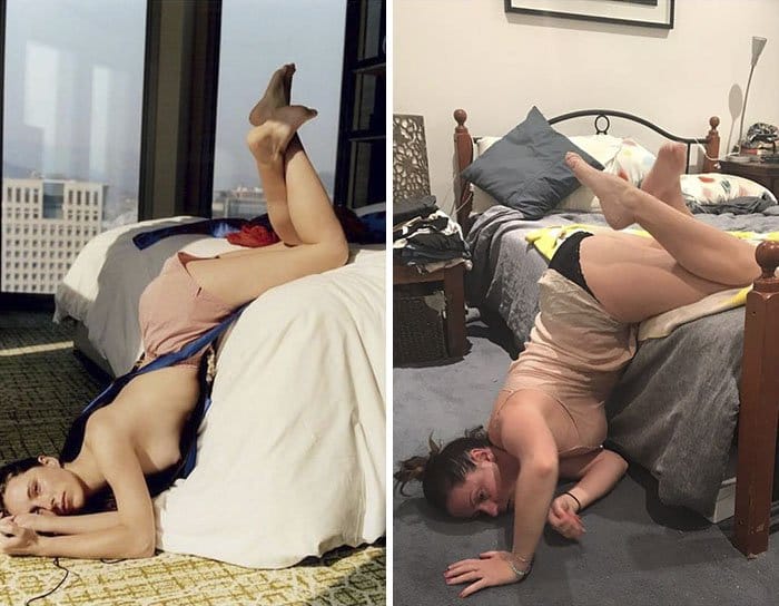 Comedienne Hilariously Recreates Celebrity Instagram Photos hanging off the end of the bed