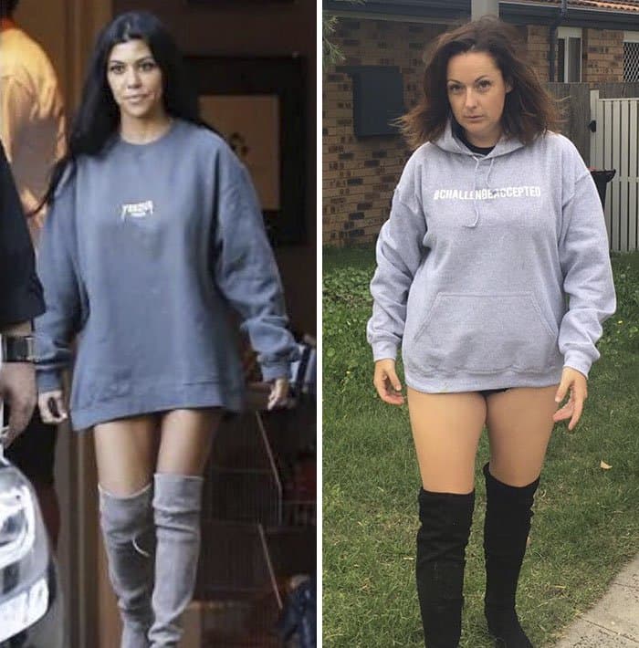 Comedienne Hilariously Recreates Celebrity Instagram Photos jumper with boots