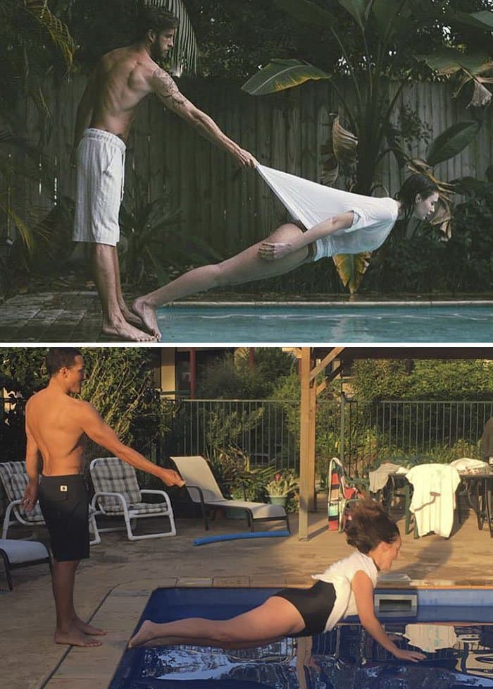 Comedienne Hilariously Recreates Celebrity Instagram Photos leaning over pool