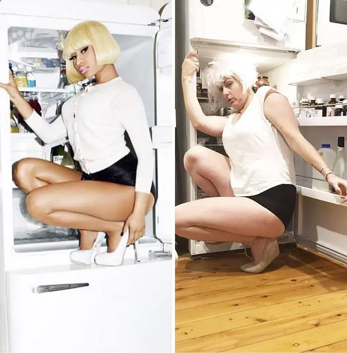 Comedienne Hilariously Recreates Celebrity Instagram Photos nicki in fridge