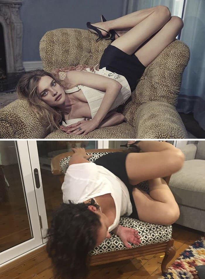 Comedienne Hilariously Recreates Celebrity Instagram Photos posing on chair