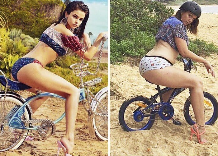Comedienne Hilariously Recreates Celebrity Instagram Photos riding bike on beach