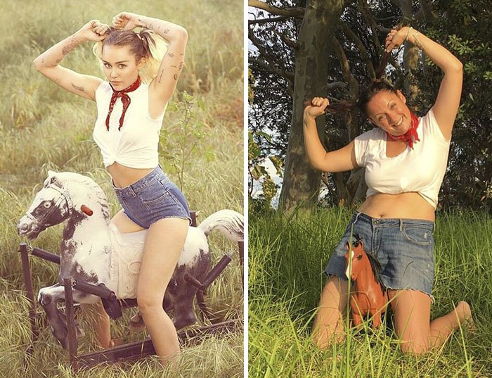 Comedienne Hilariously Recreates Celebrity Instagram Photos riding rocking horse