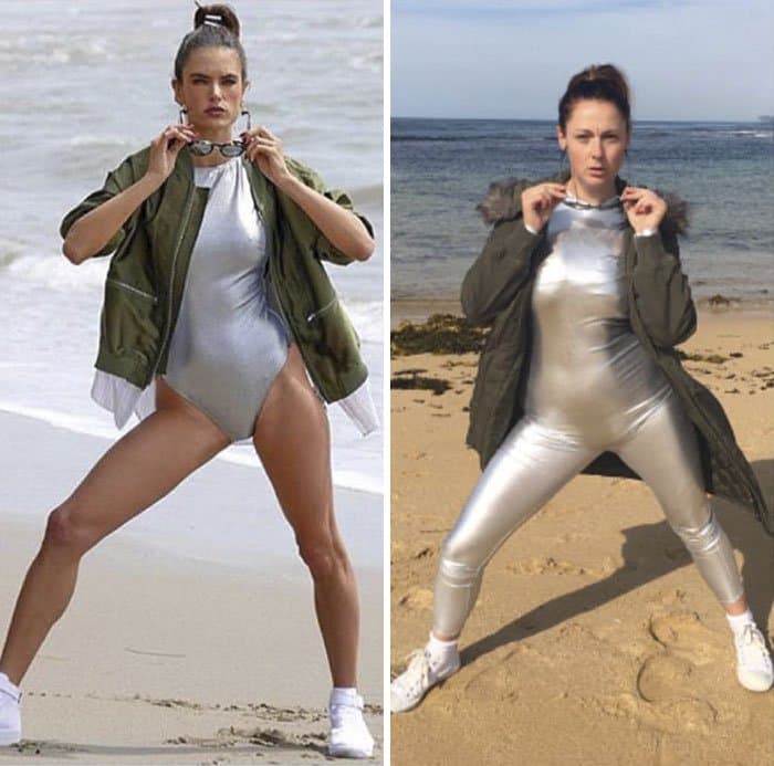 Comedienne Hilariously Recreates Celebrity Instagram Photos space suit on beach