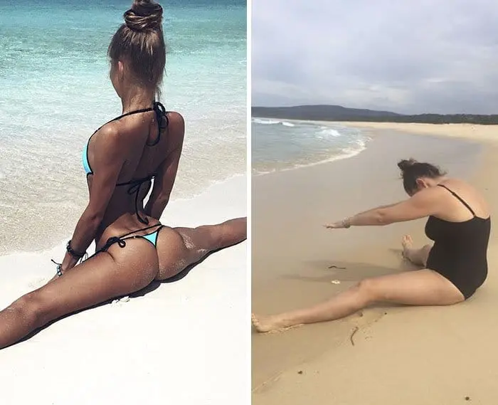 Comedienne Hilariously Recreates Celebrity Instagram Photos splits on beach