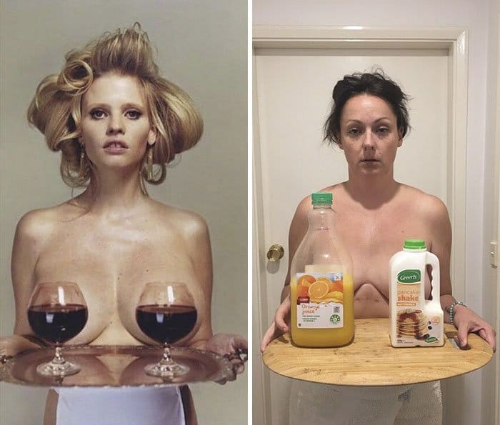 Comedienne Hilariously Recreates Celebrity Instagram Photos topless with drinks