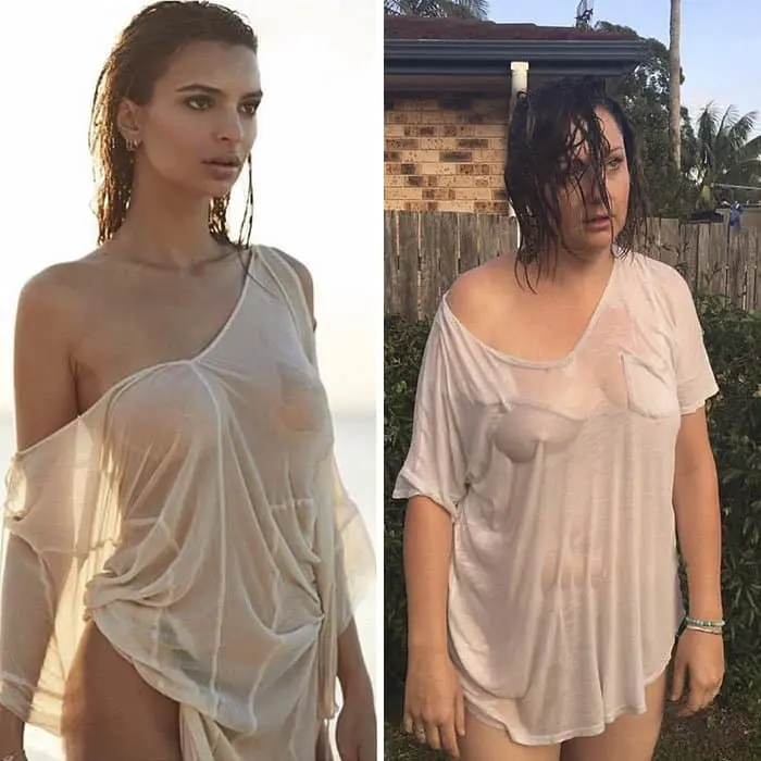 Comedienne Hilariously Recreates Celebrity Instagram Photos wet shirt