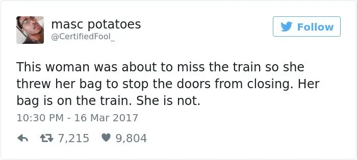 Facepalm Moments woman threw bag on train