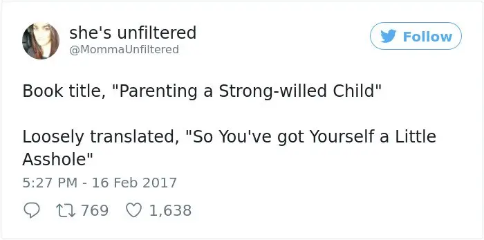 Hilarious Parenting Tweets parenting a strong willed child