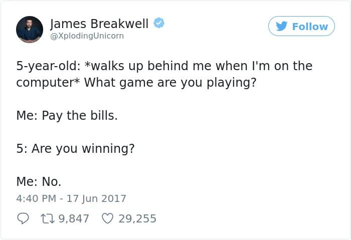 Hilarious Parenting Tweets pay the bills game