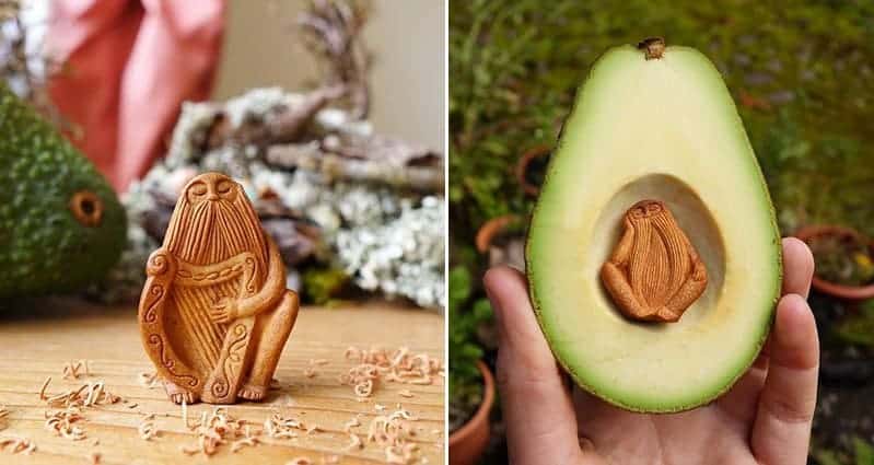 artist carves avocado pits
