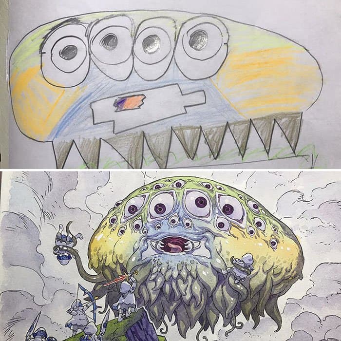 Dad Turns His Son's Drawings Into Anime Characters multiple eyes