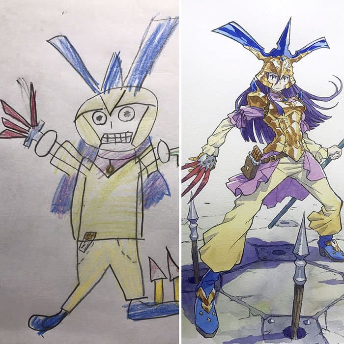 Dad Turns His Son's Drawings Into Anime Characters purple hair