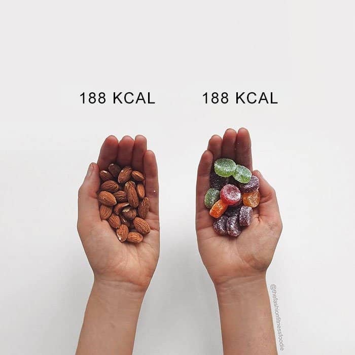 Fitness Blogger Shares Food Comparisons almonds vs fruit pastels