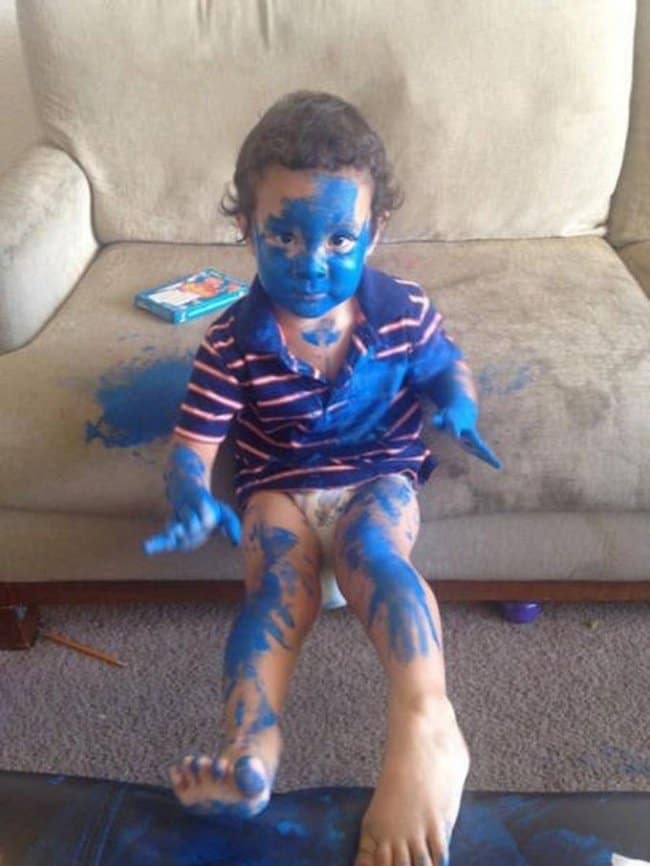 Reasons That Kids Should Never Be Left Alone boy covered in blue paint