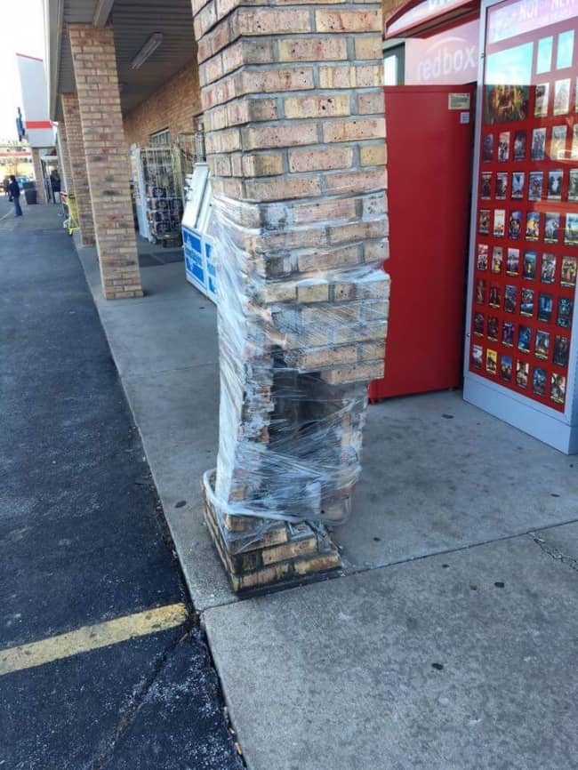 Natural Born Engineers clingfilm holding bricks