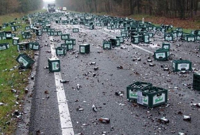 Awful Day At Work bottles all over road