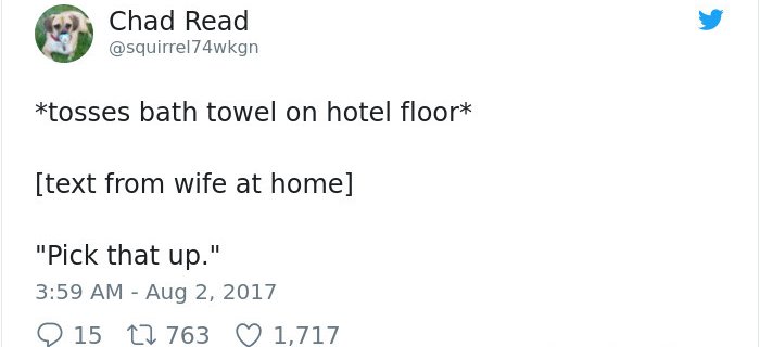 funny-tweets-about-marriage tosses bath towel on hotel floor