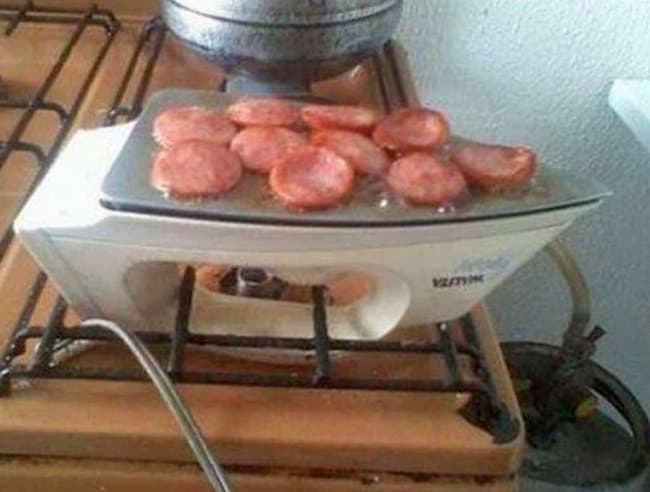 grilling-sausages-with-a-hot-iron-funny-inventions