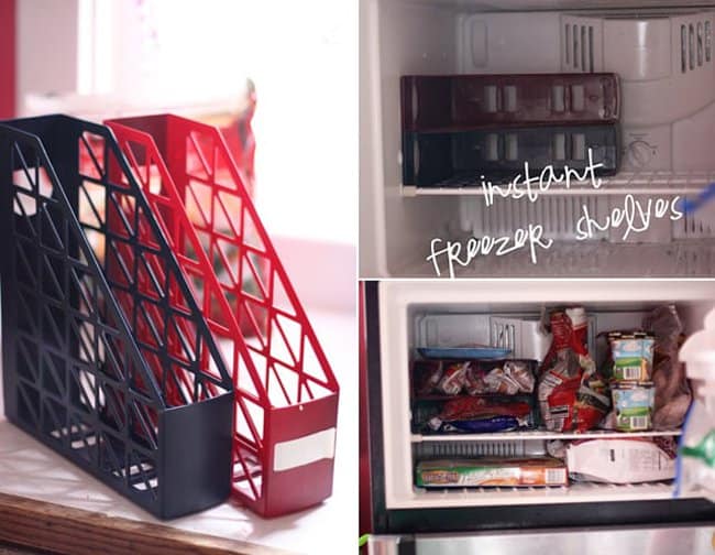 magazine-racks-for-extra-shelves-freezer-hacks