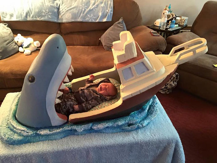 baby crying in shark bed