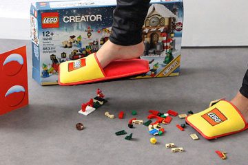 wearing lego slippers
