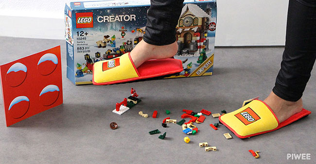 wearing lego slippers