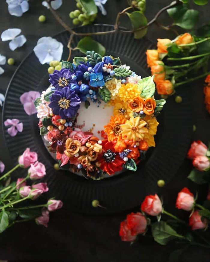 colorful flowers on cake
