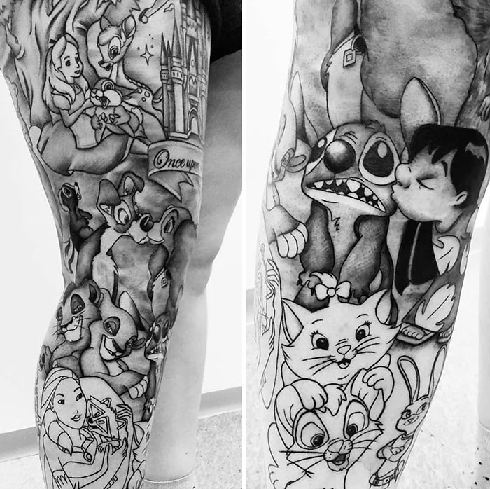 disney-inspired leg tattoo