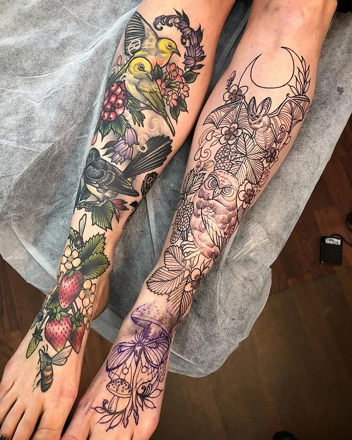 epic leg tattoos birds fruits